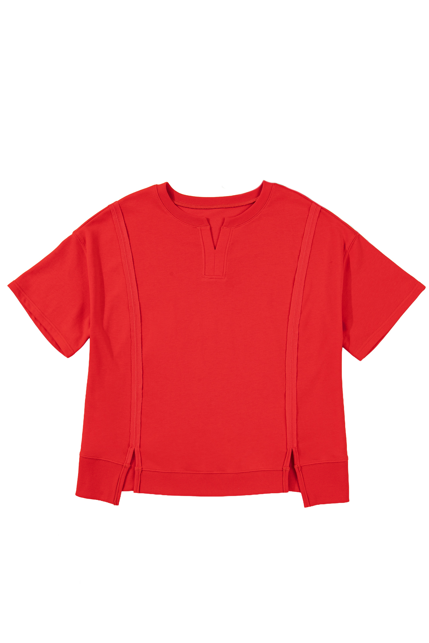 Plus Size Fiery Red  Solid Color Notched Neck Seam Detail Patchwork Short Sleeve Top