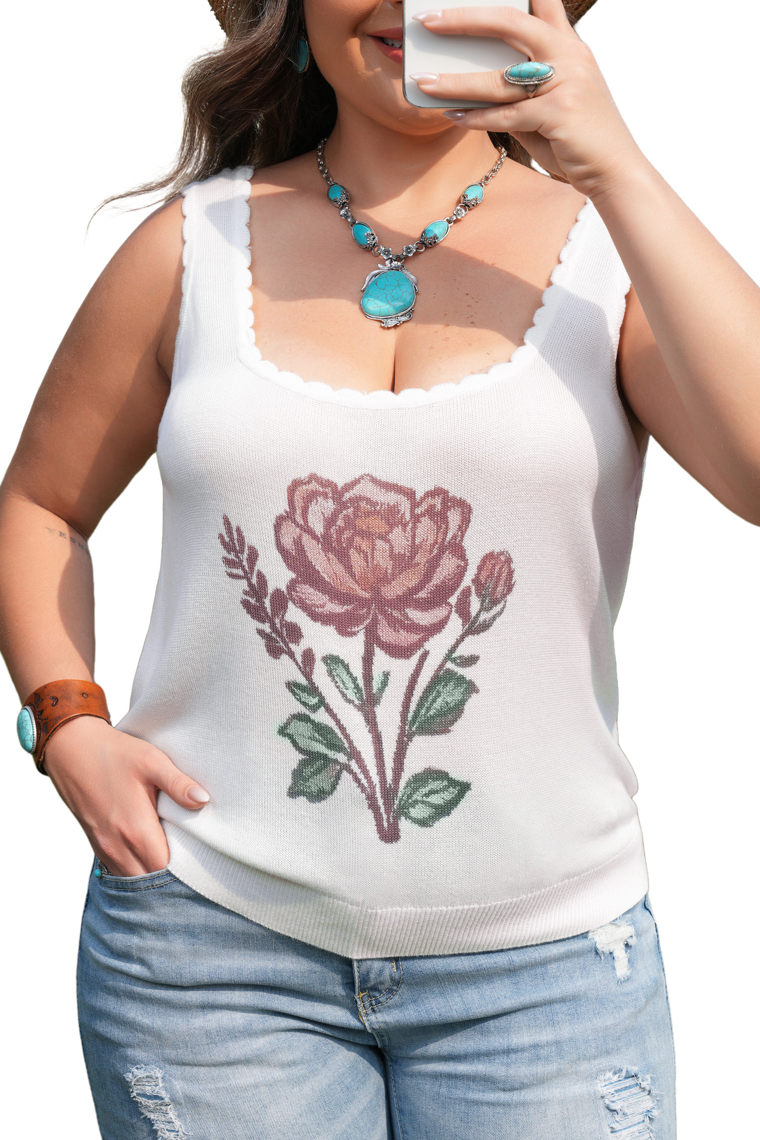 Plus Size White  Floral Print Scalloped Trim Square Neck Sweater Vest