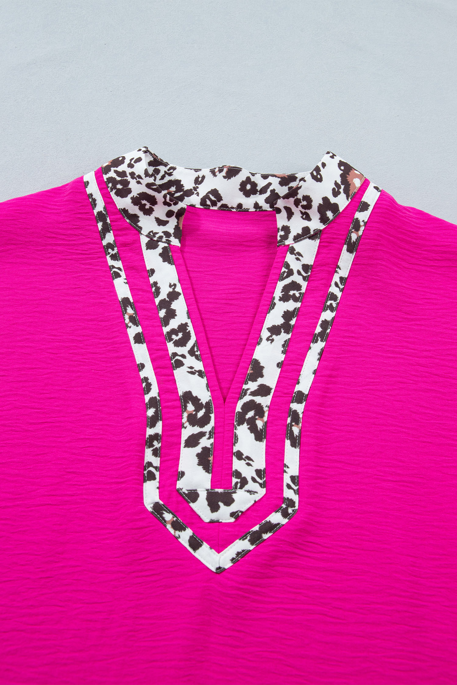 Plus Size Rose Red Leopard Accent Notched Neck  Short Sleeve Top