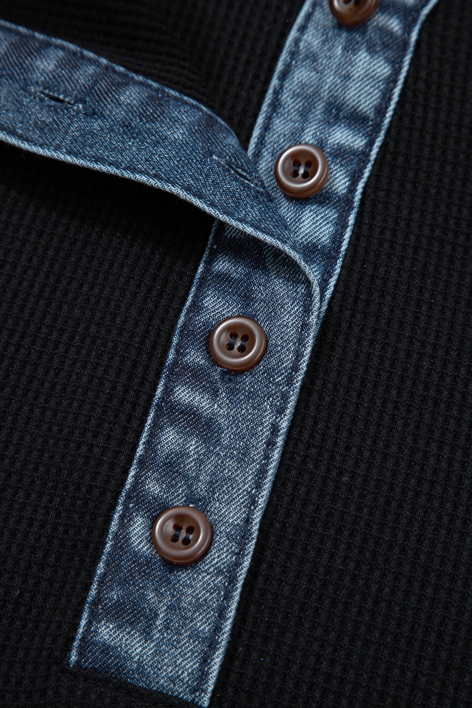 Plus Size Black  Textured Contrast Denim Patchwork Button Polo Tee