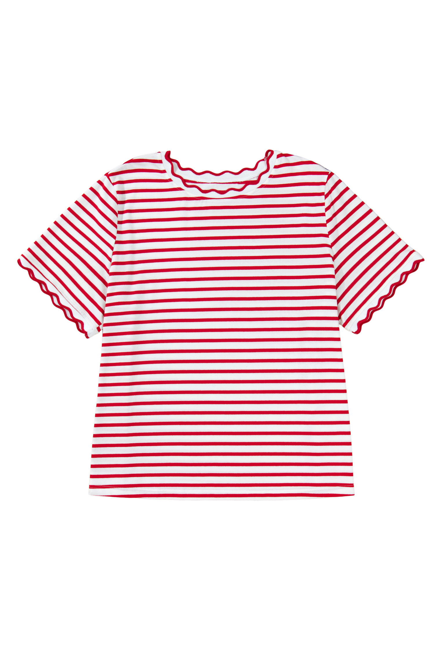 Plus Size Red Stripe  Scalloped Trim Round Neck Short Sleeve Top