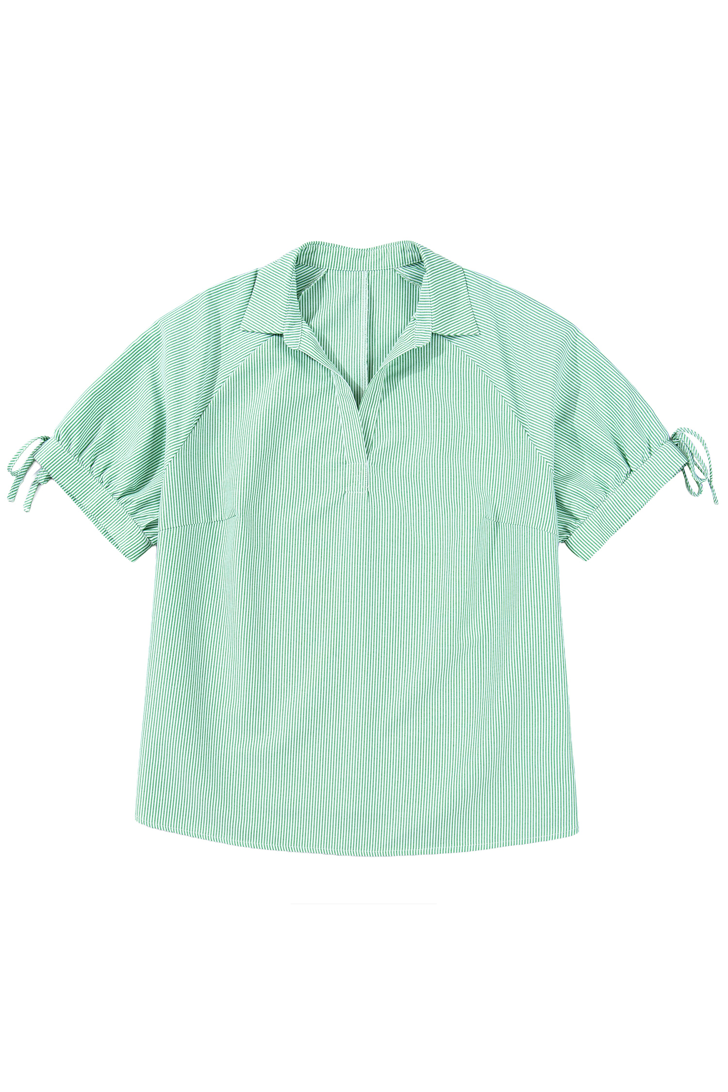 Plus Size Mint Green  Striped Print Collar V Neck Short Sleeve Blouse