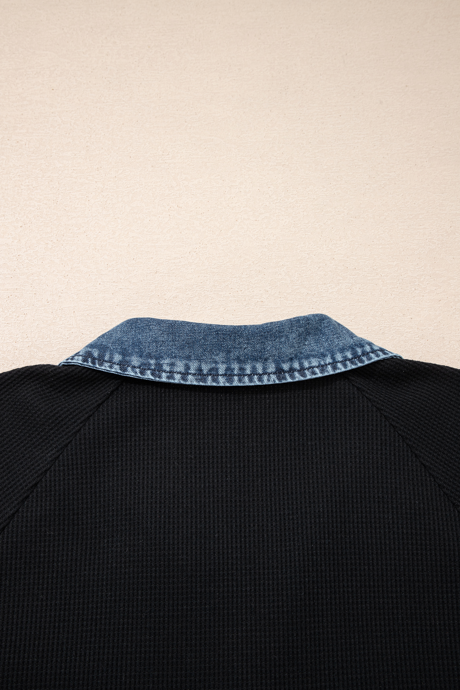 Plus Size Black  Textured Contrast Denim Patchwork Button Polo Tee