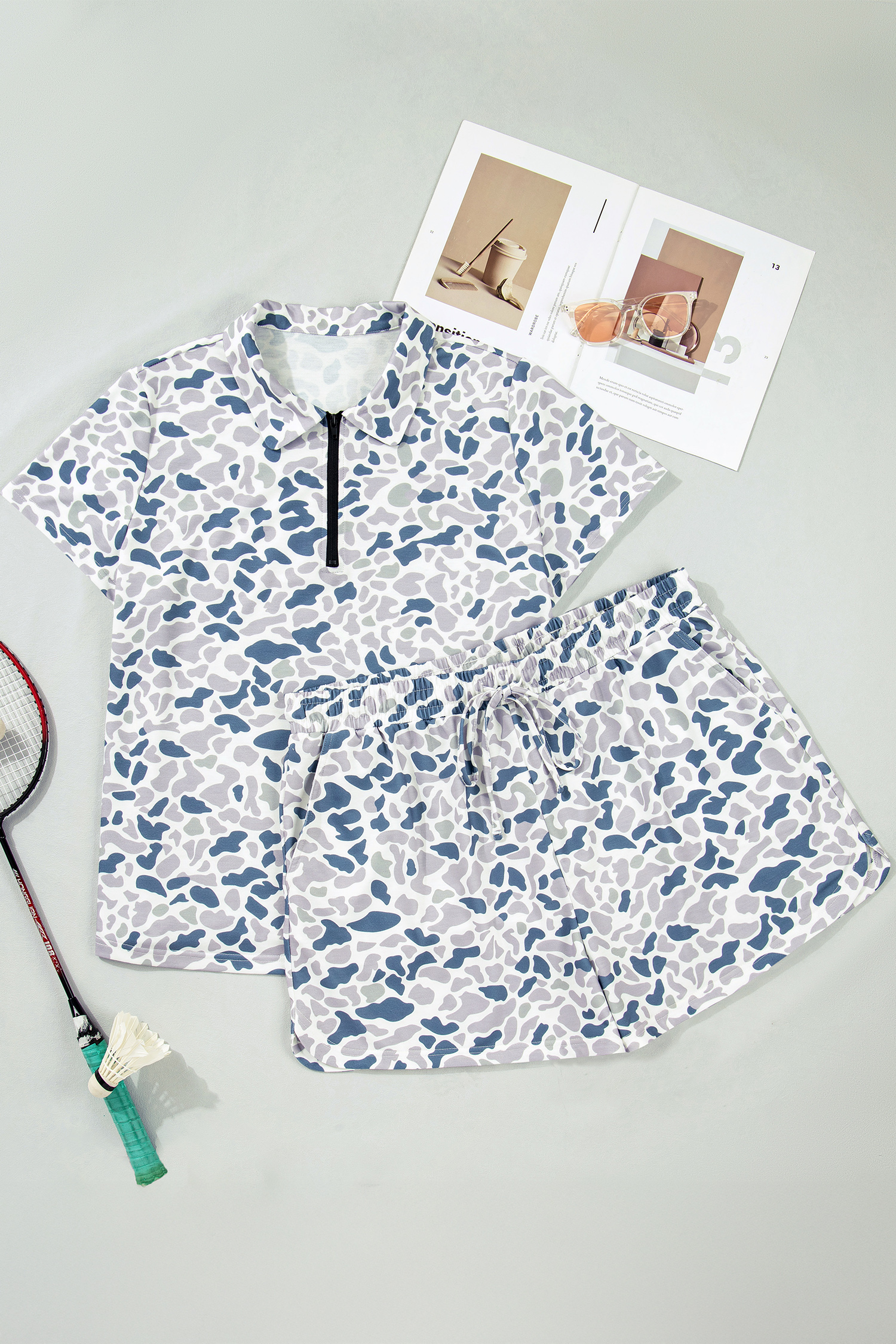 Plus Size Multicolour Zip up Tee and Short  Camo Set