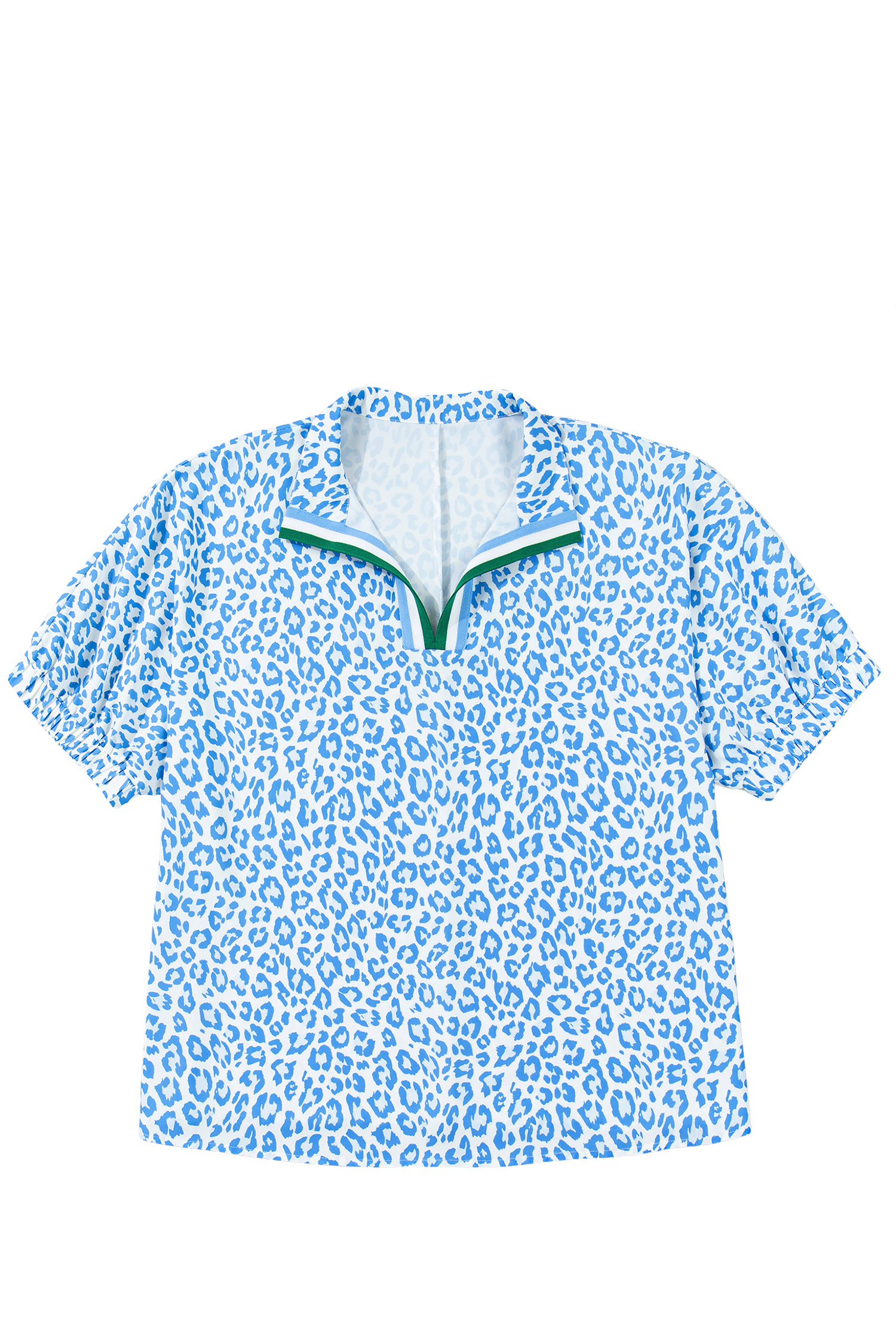 Plus Size Sky Blue Striped V Neckline Half Sleeve  Leopard Blouse