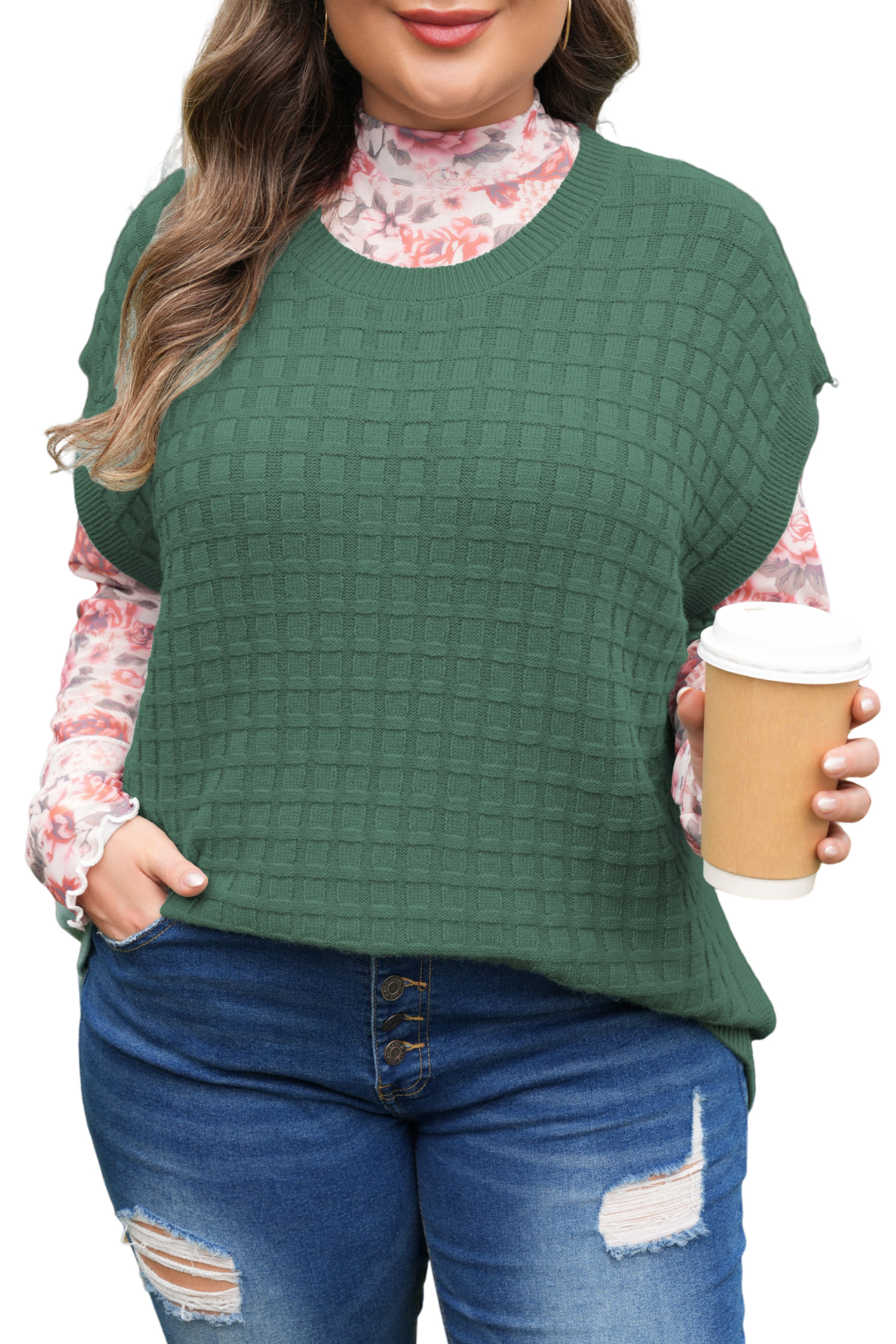 Plus Size Mist Green  Solid Color Textured Knit Short Sleeve Sweater