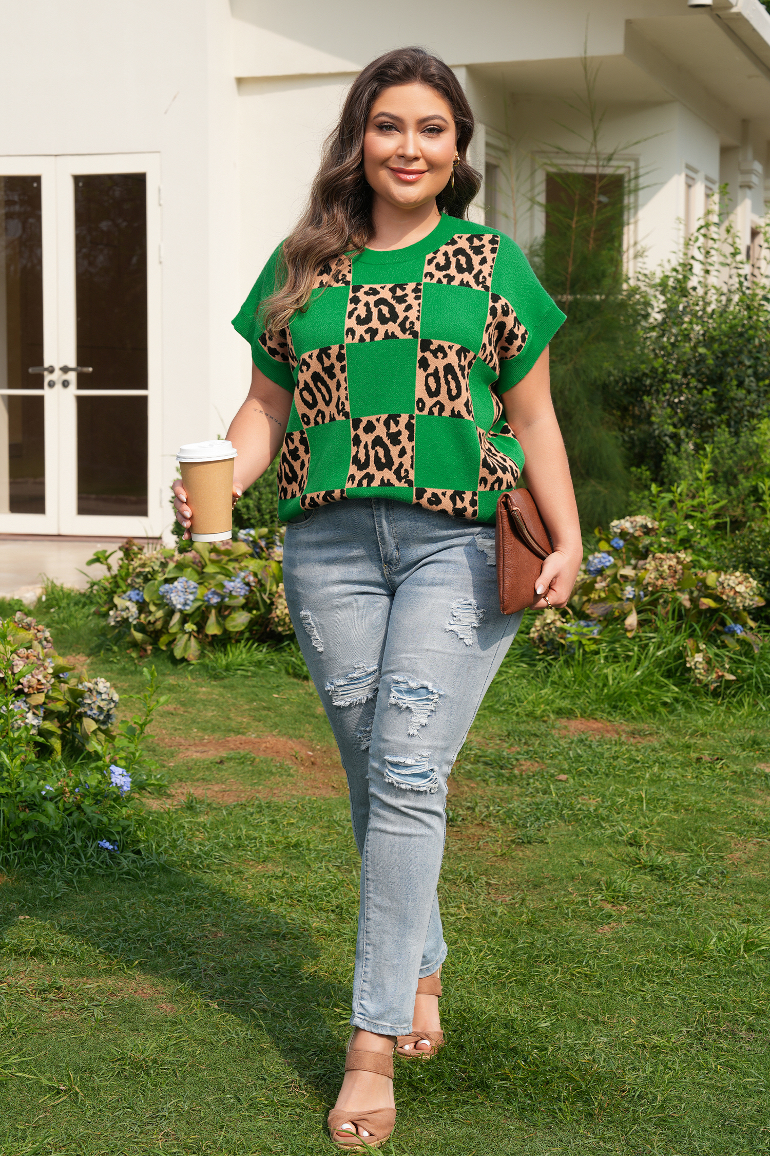 Plus Size Green  Leopard Contrasted Checkered Short Sleeve Sweater