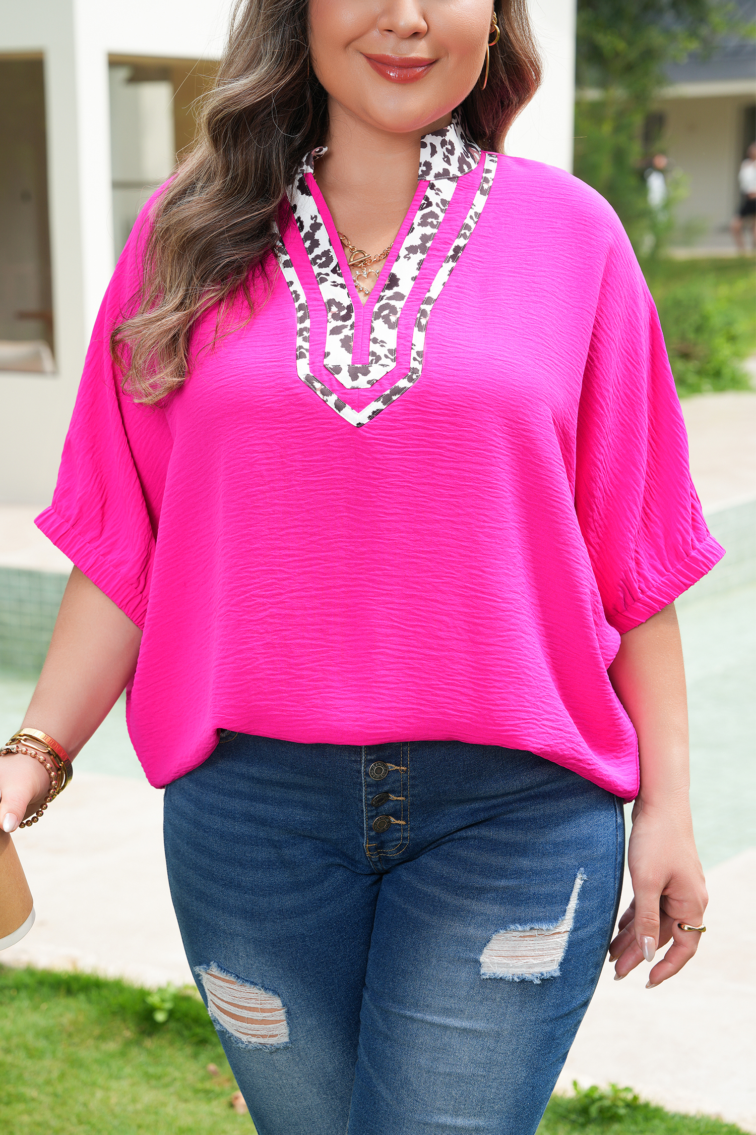 Plus Size Rose Red Leopard Accent Notched Neck  Short Sleeve Top