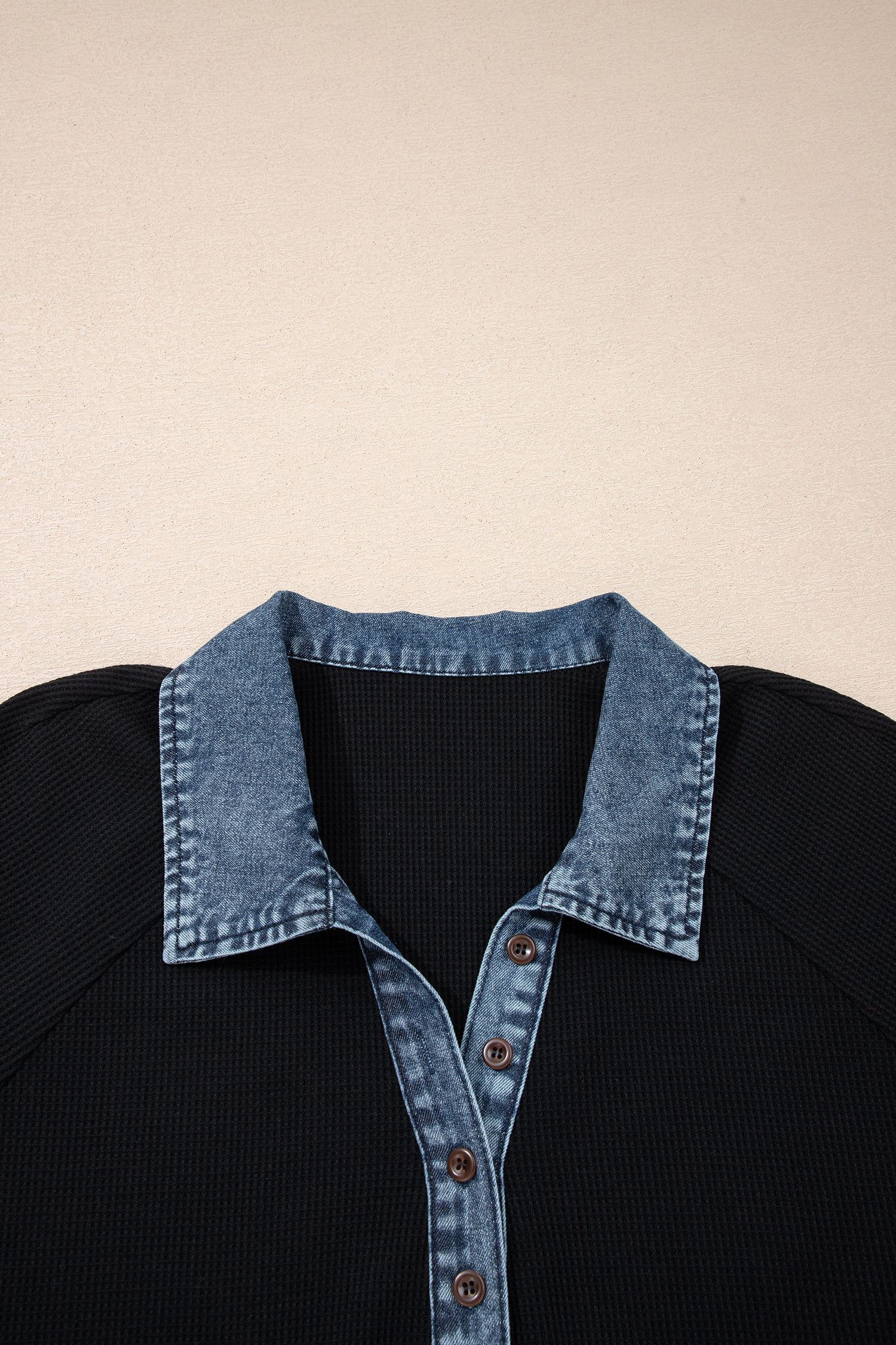 Plus Size Black  Textured Contrast Denim Patchwork Button Polo Tee