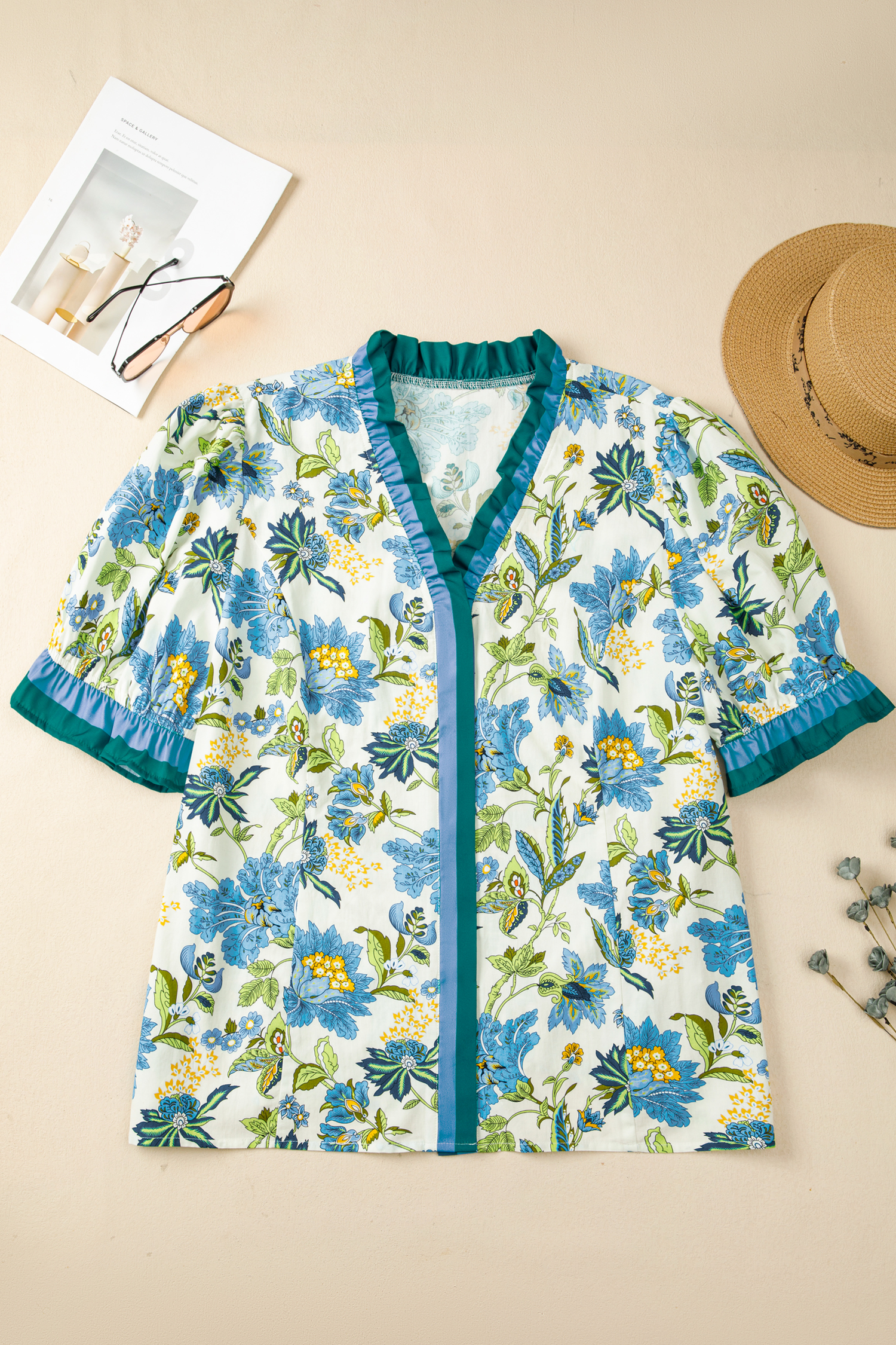 Plus Size Sky Blue  Frilled V Neck Short Sleeve Floral Blouse