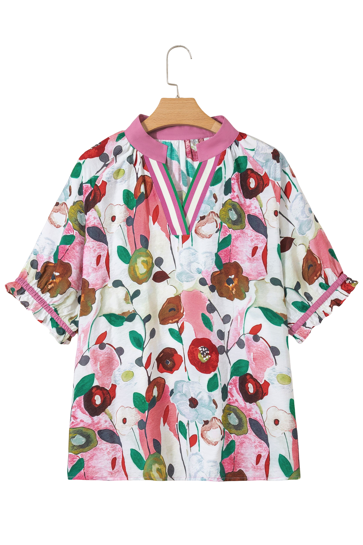 Plus Size Pink V Neck Short Puff Sleeve  Floral Blouse