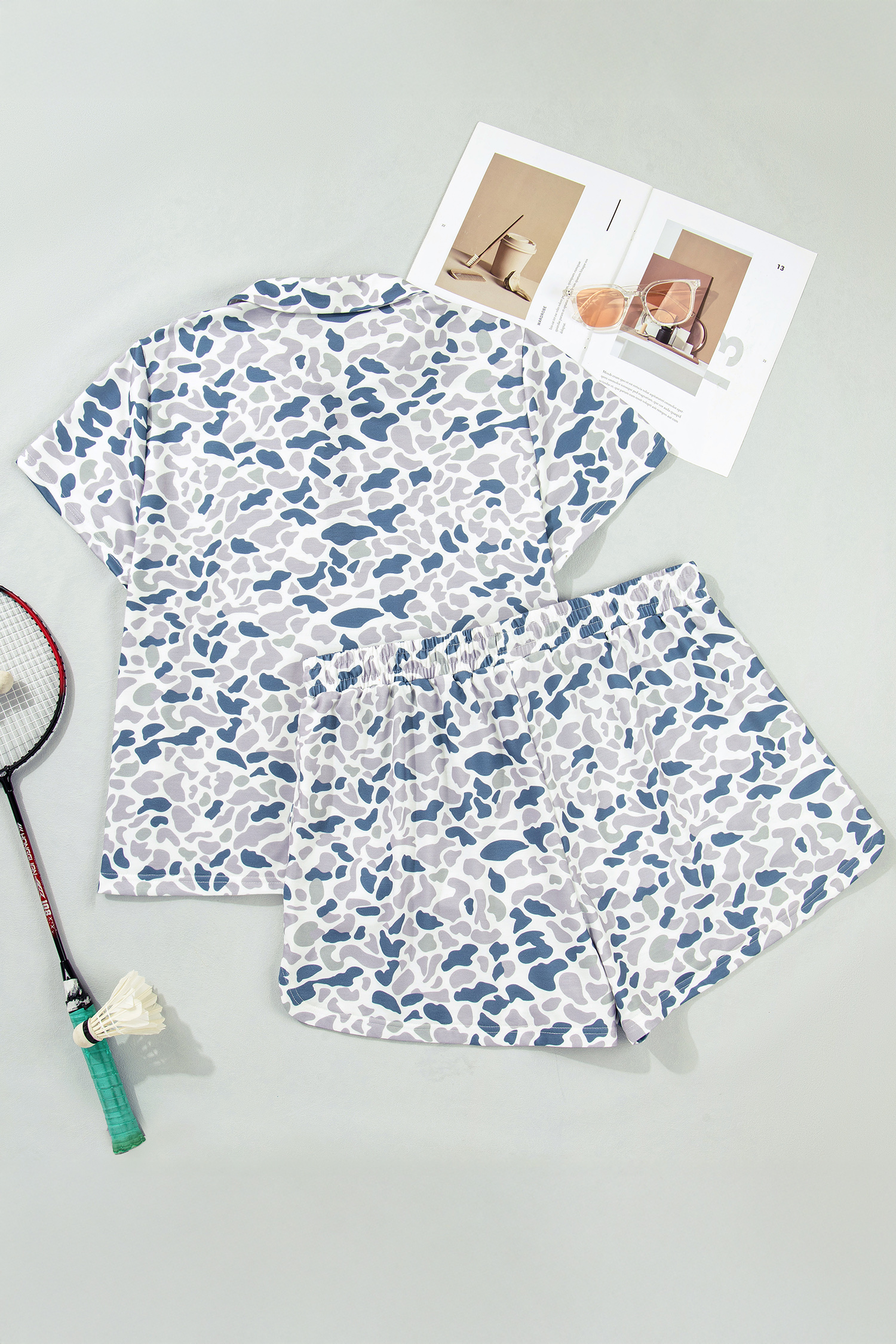 Plus Size Multicolour Zip up Tee and Short  Camo Set