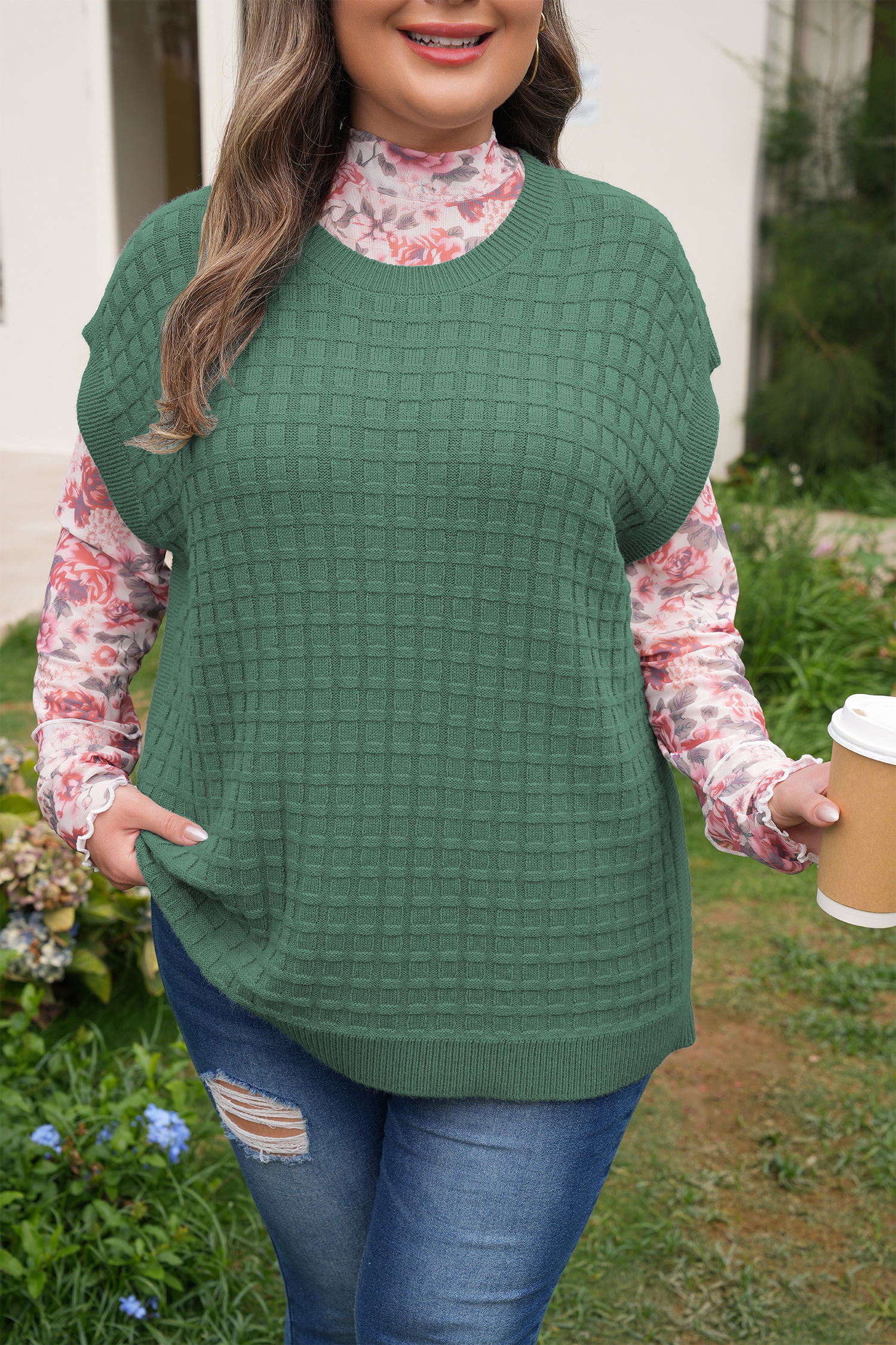 Plus Size Mist Green  Solid Color Textured Knit Short Sleeve Sweater