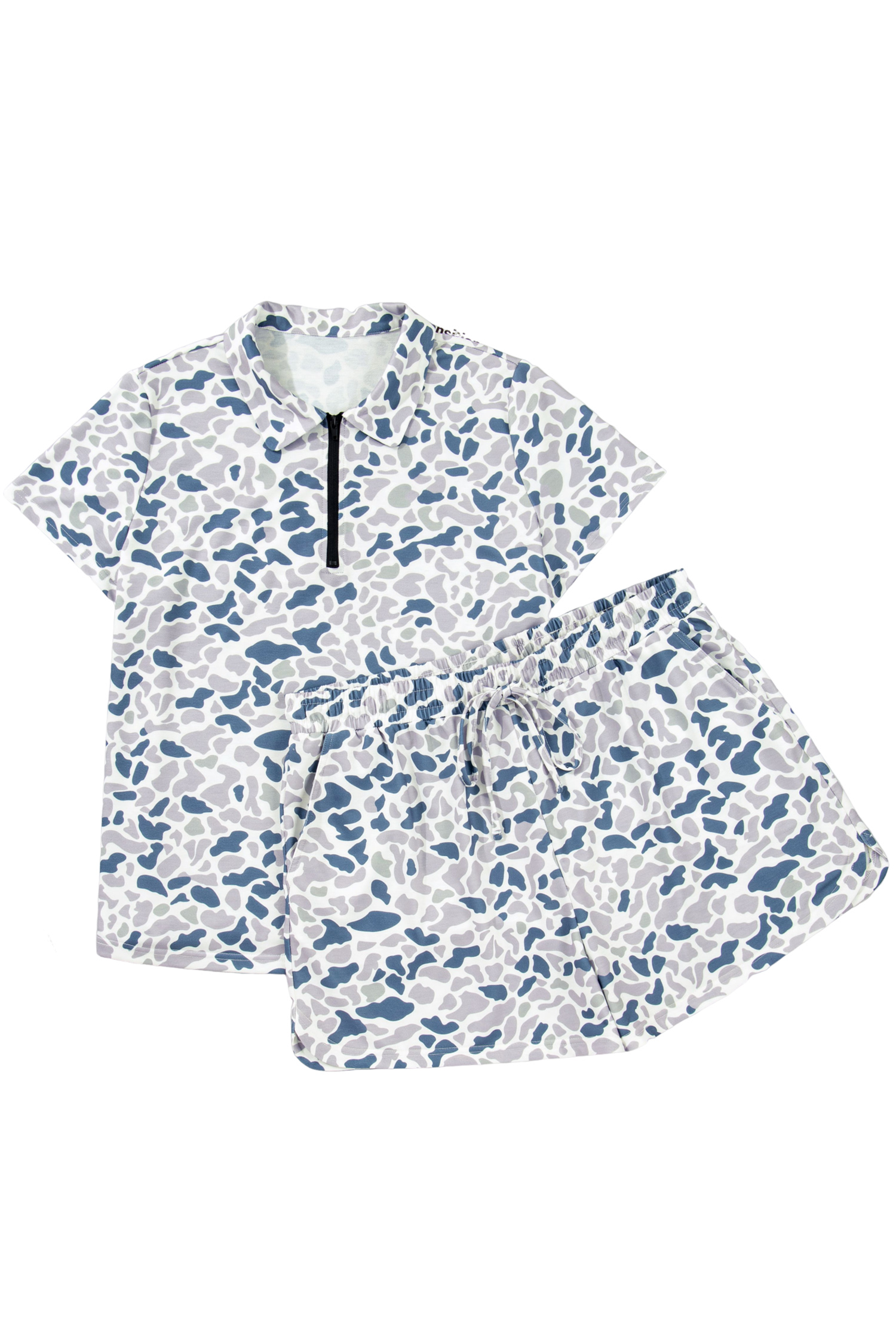 Plus Size Multicolour Zip up Tee and Short  Camo Set