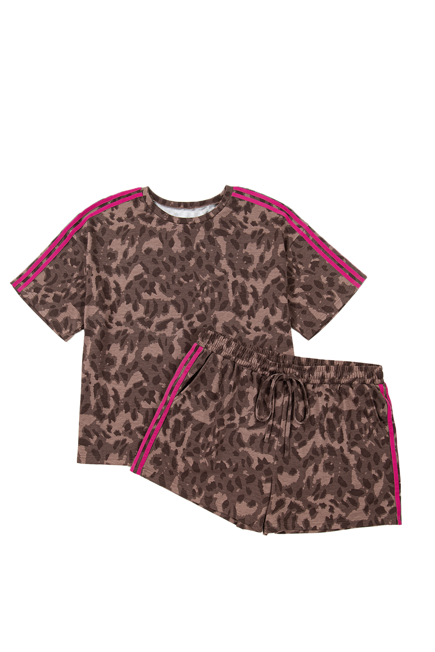 Plus Size Brown Retro Leopard Print Contrast Varsity Stripe Trim  2pcs Short Set