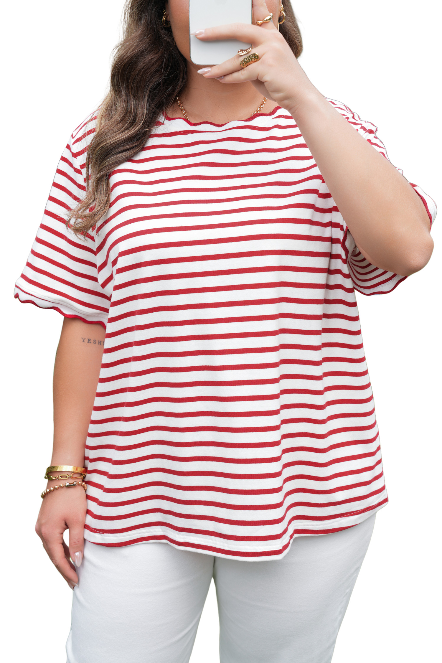 Plus Size Red Stripe  Scalloped Trim Round Neck Short Sleeve Top