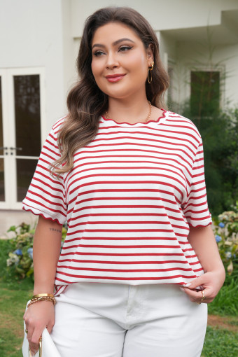 Plus Size Red Stripe  Scalloped Trim Round Neck Short Sleeve Top
