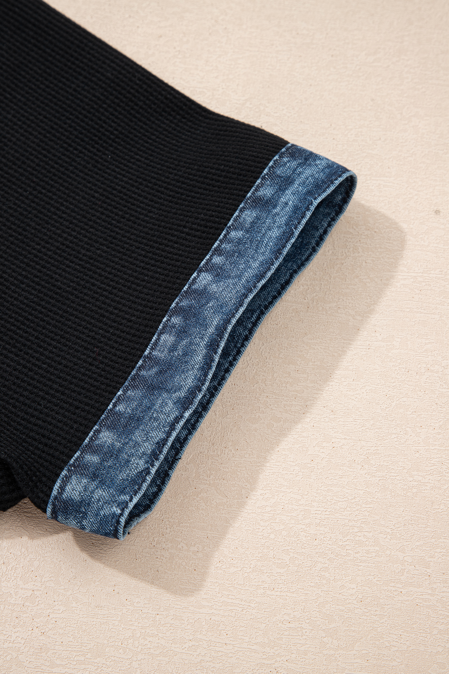Plus Size Black  Textured Contrast Denim Patchwork Button Polo Tee