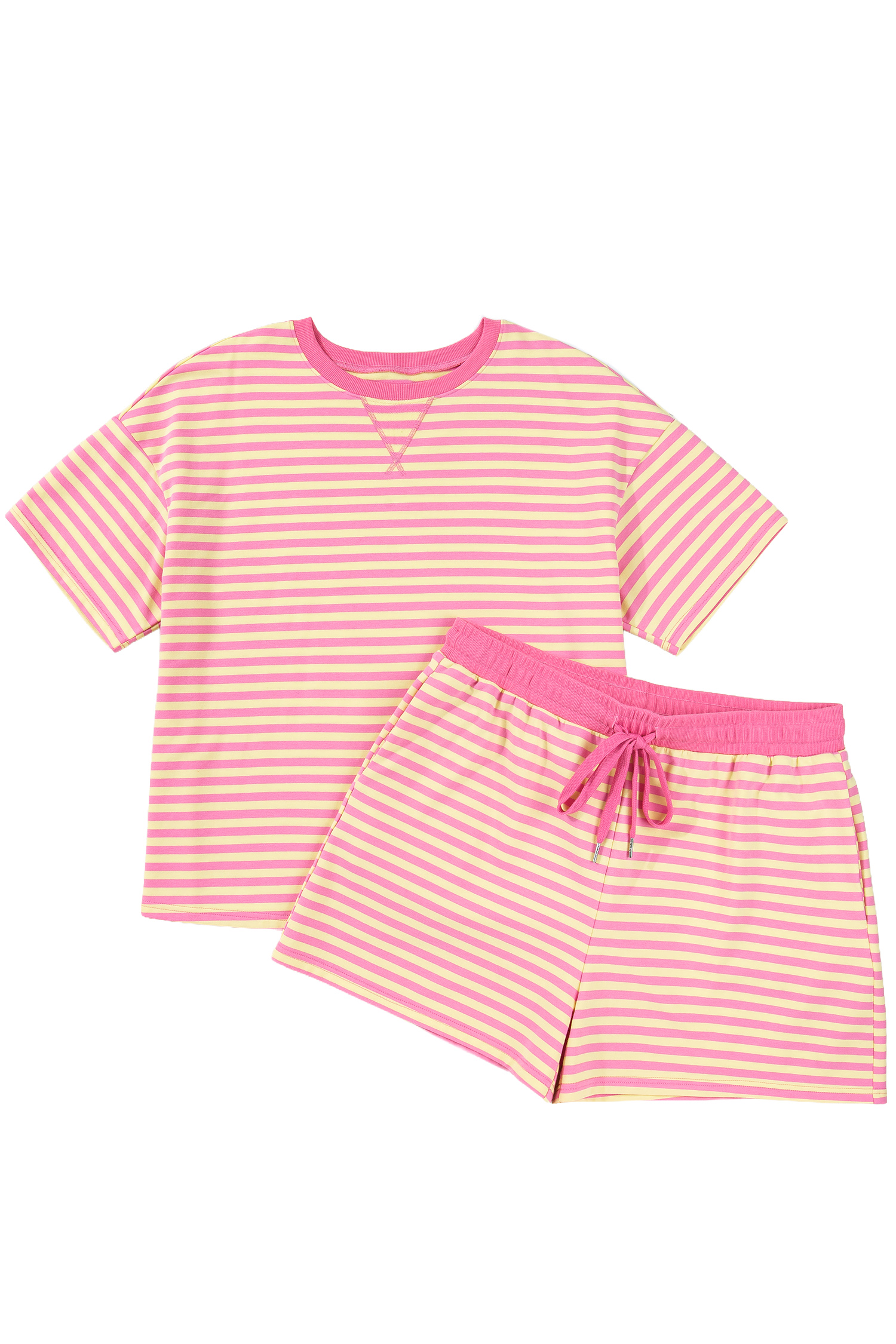 Plus Size Rose Stripe Boxy Tee Drawstring Elastic Waist  Short Set