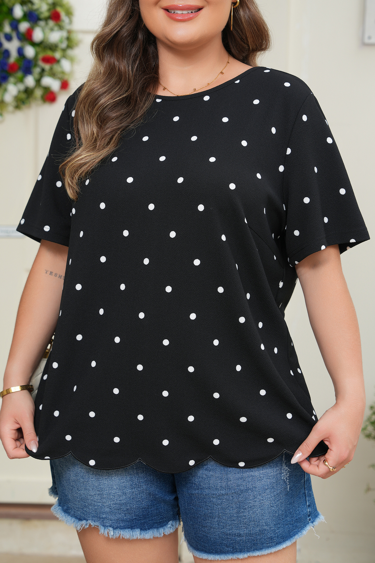 Plus Size Black  Dotted Casual T Shirt