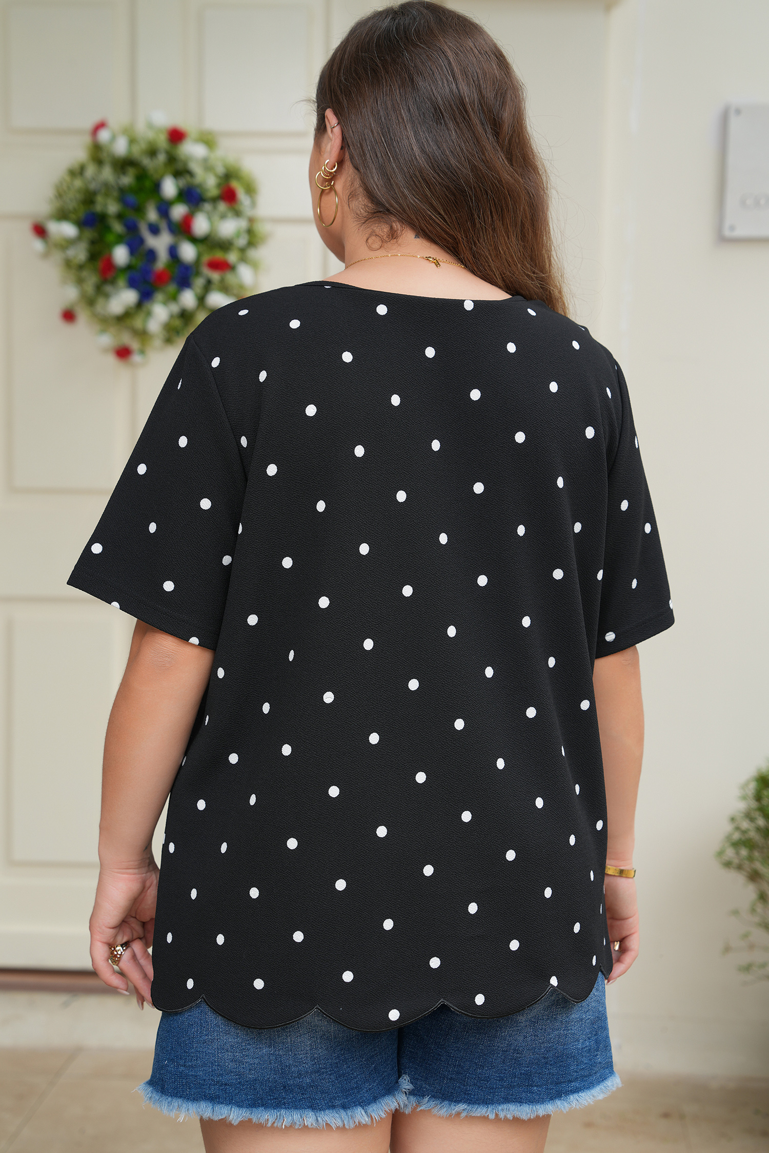 Plus Size Black  Dotted Casual T Shirt