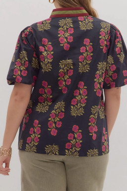 Plus Size Black  Floral Print Ricrac Striped Trim Short Sleeve Cotton Blouse