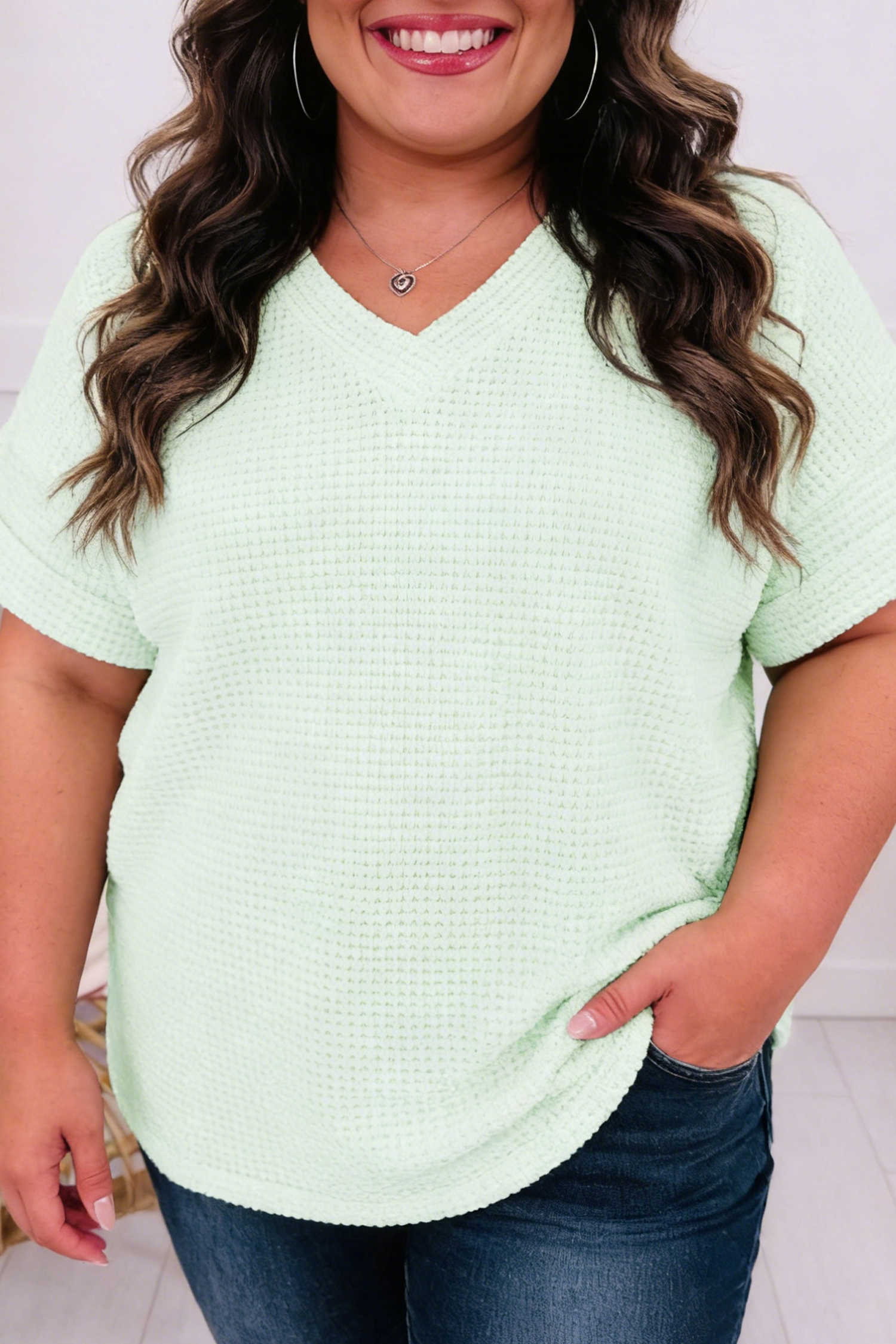 Plus Size Clearly Aqua V Neck Short Sleeve  Waffle Knit Top