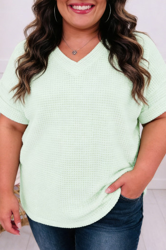 Plus Size Clearly Aqua V Neck Short Sleeve  Waffle Knit Top