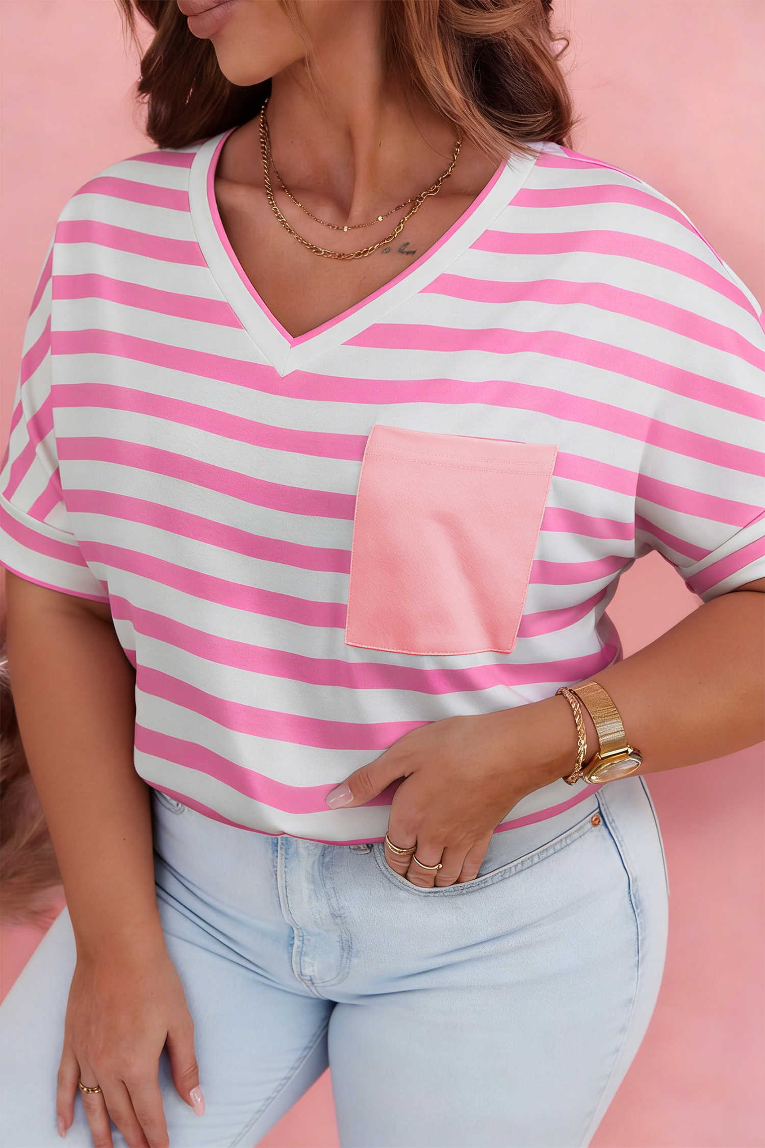 Plus Size Pink Stripe Colorblock Patched Pocket V Neck  Tee