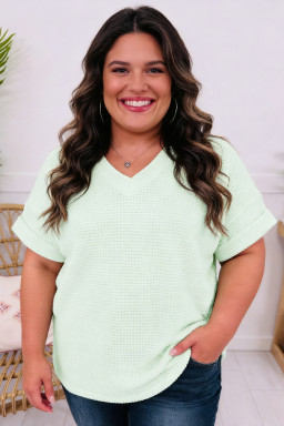 Plus Size Clearly Aqua V Neck Short Sleeve  Waffle Knit Top