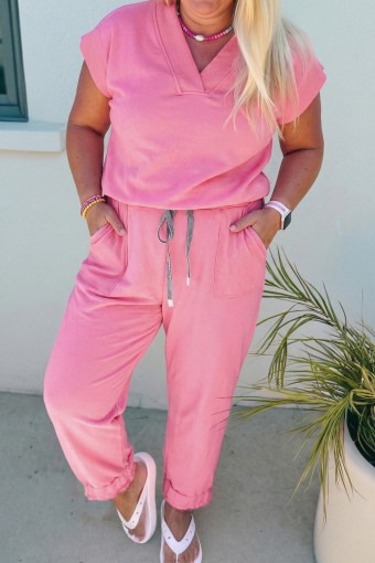 Plus Size Bonbon Solid V-Neck Tee and Drawstring  Pants Set