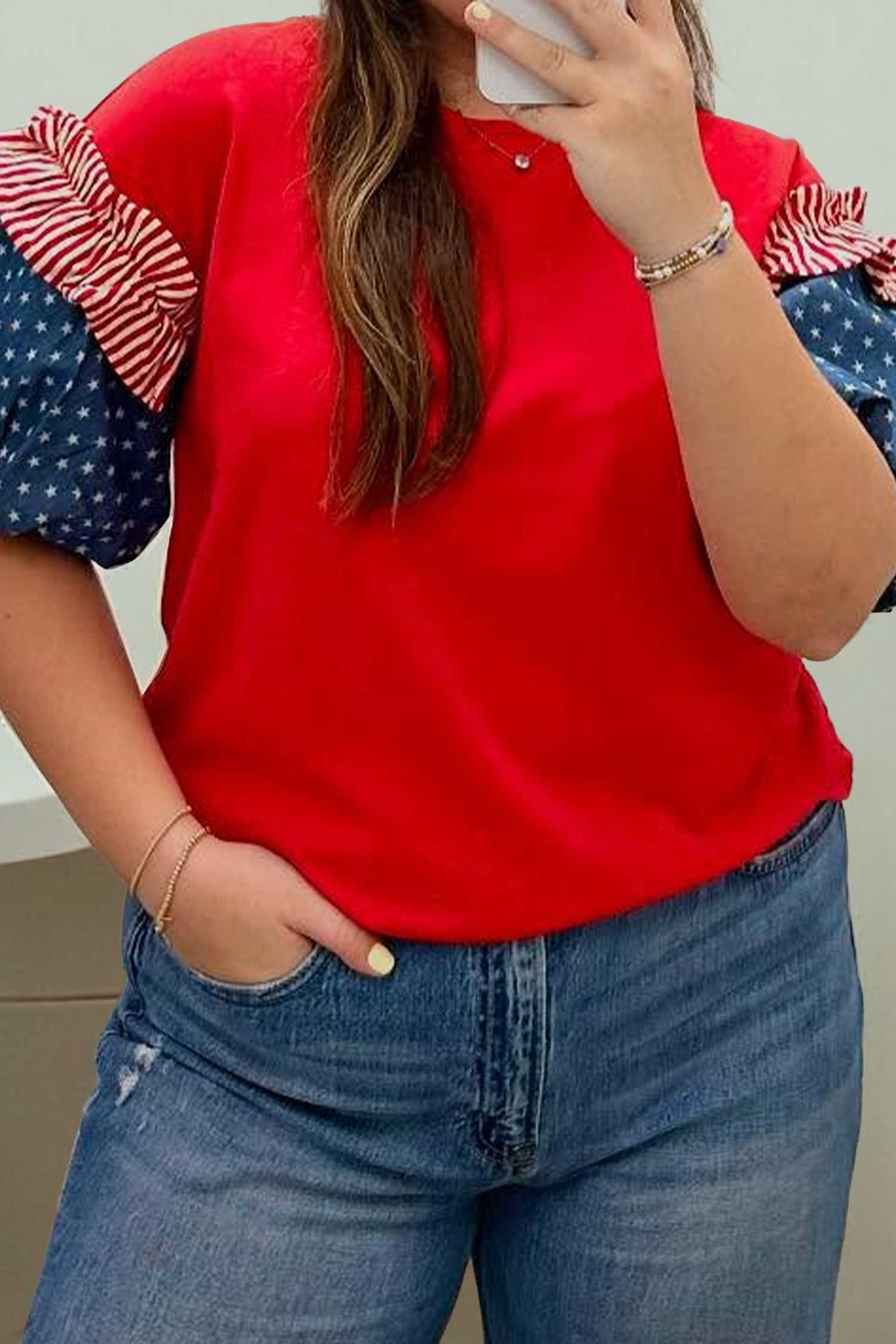 Plus Size Fiery Red  Striped Ruffles Star Short Bubble Sleeve Patchwork Top