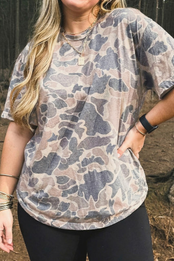 Plus Size Multicolour Retro Camouflage Print  T Shirt