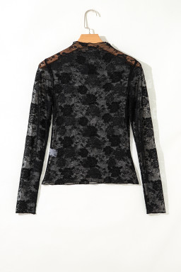 Plus Size Black  Floral Mesh Long Sleeve Top