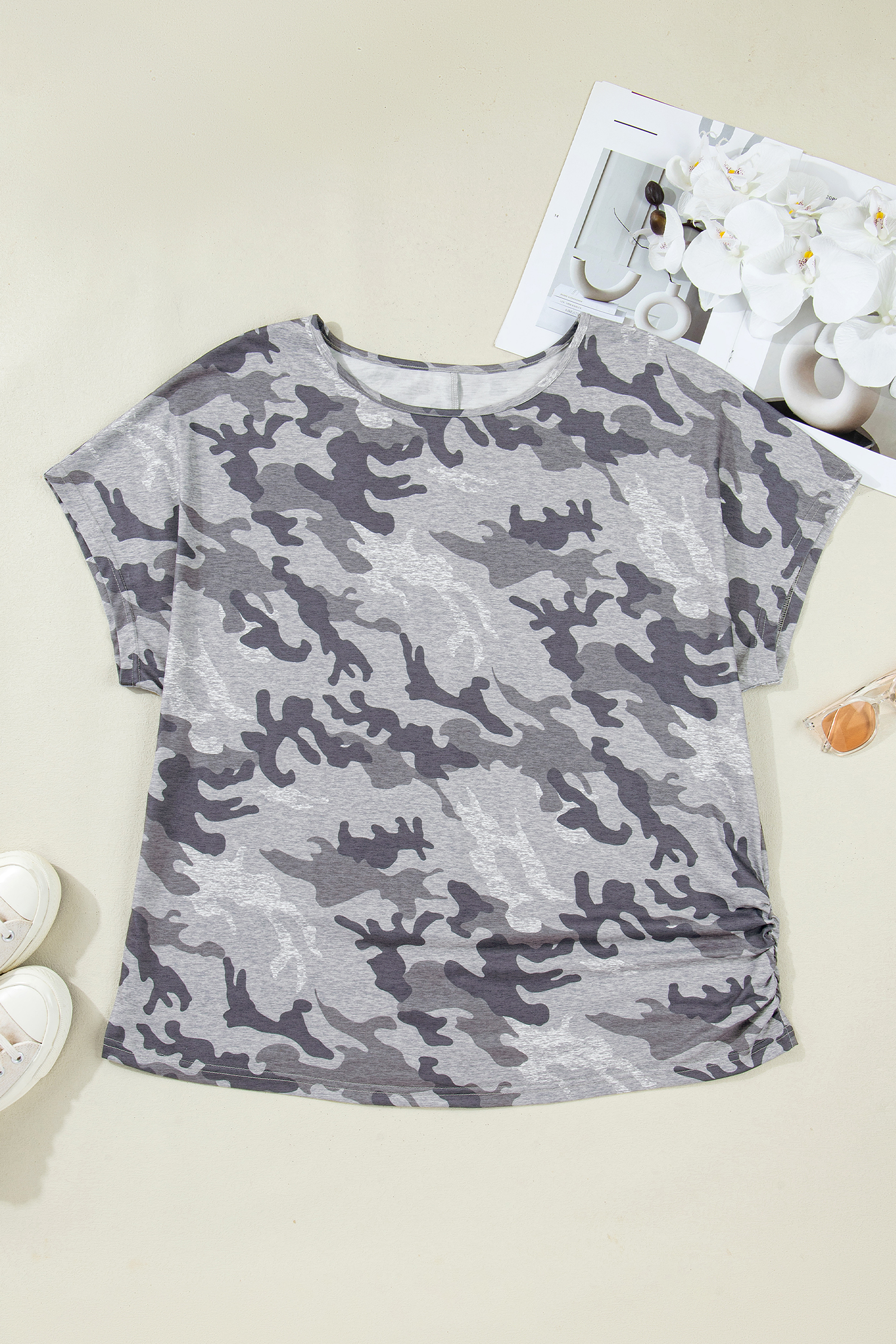 Plus Size Gray  Camo Print Casual T Shirt