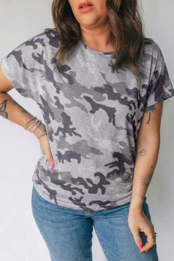 Plus Size Gray  Camo Print Casual T Shirt