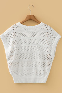 Plus Size White  Eyelet Hollow Out Knit Ribbed Trim Short Sleeve Dolman Sweater