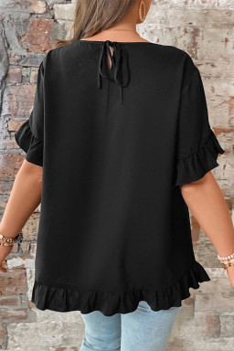Plus Size Black Solid Color Ruffle Trim Petal Sleeve  Tee
