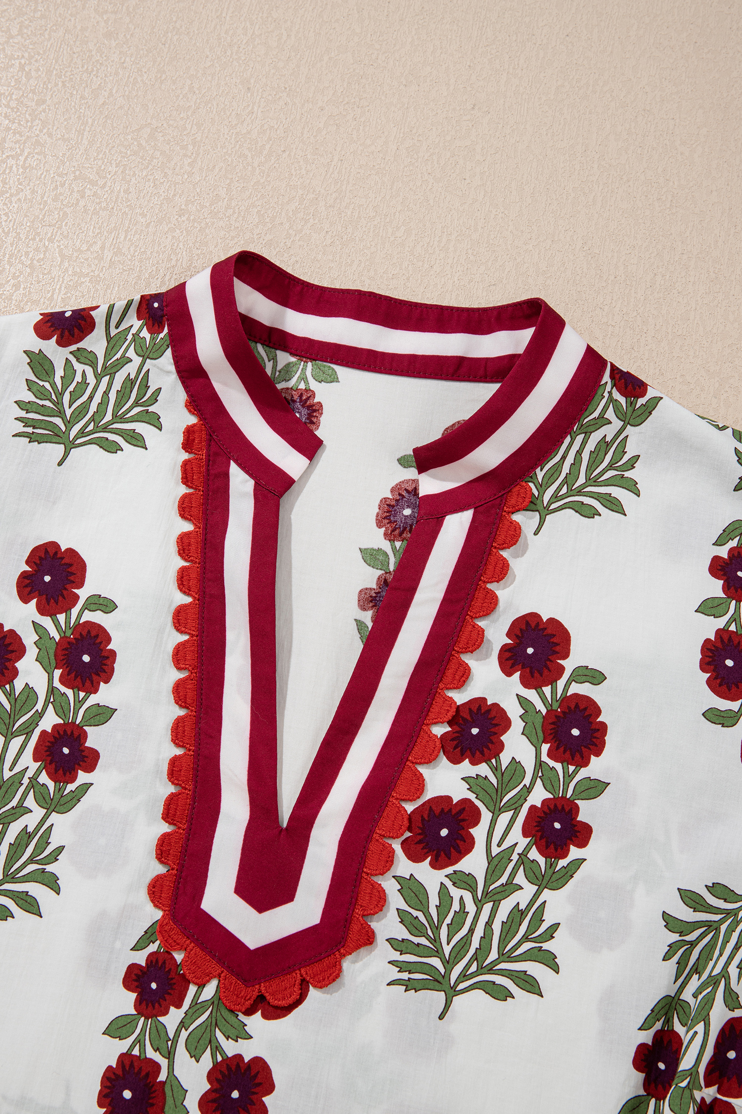Plus Size White  Floral Print Ricrac Striped Trim Short Sleeve Cotton Blouse