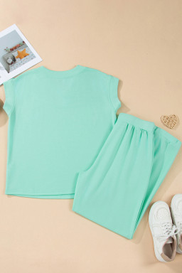 Plus Size Mint Green Solid V-Neck Tee and Drawstring  Pants Set