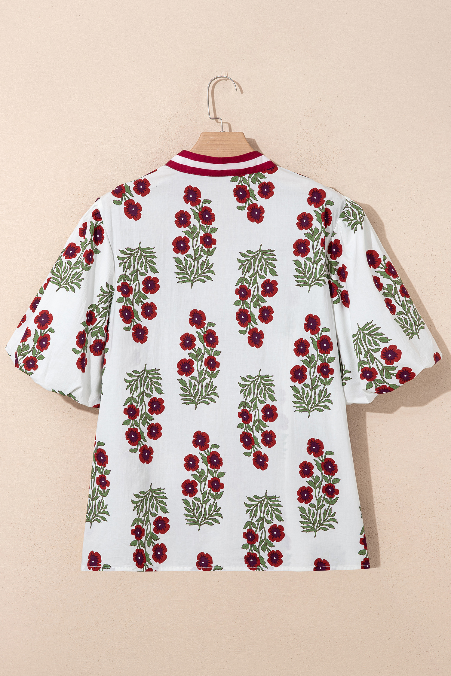 Plus Size White  Floral Print Ricrac Striped Trim Short Sleeve Cotton Blouse
