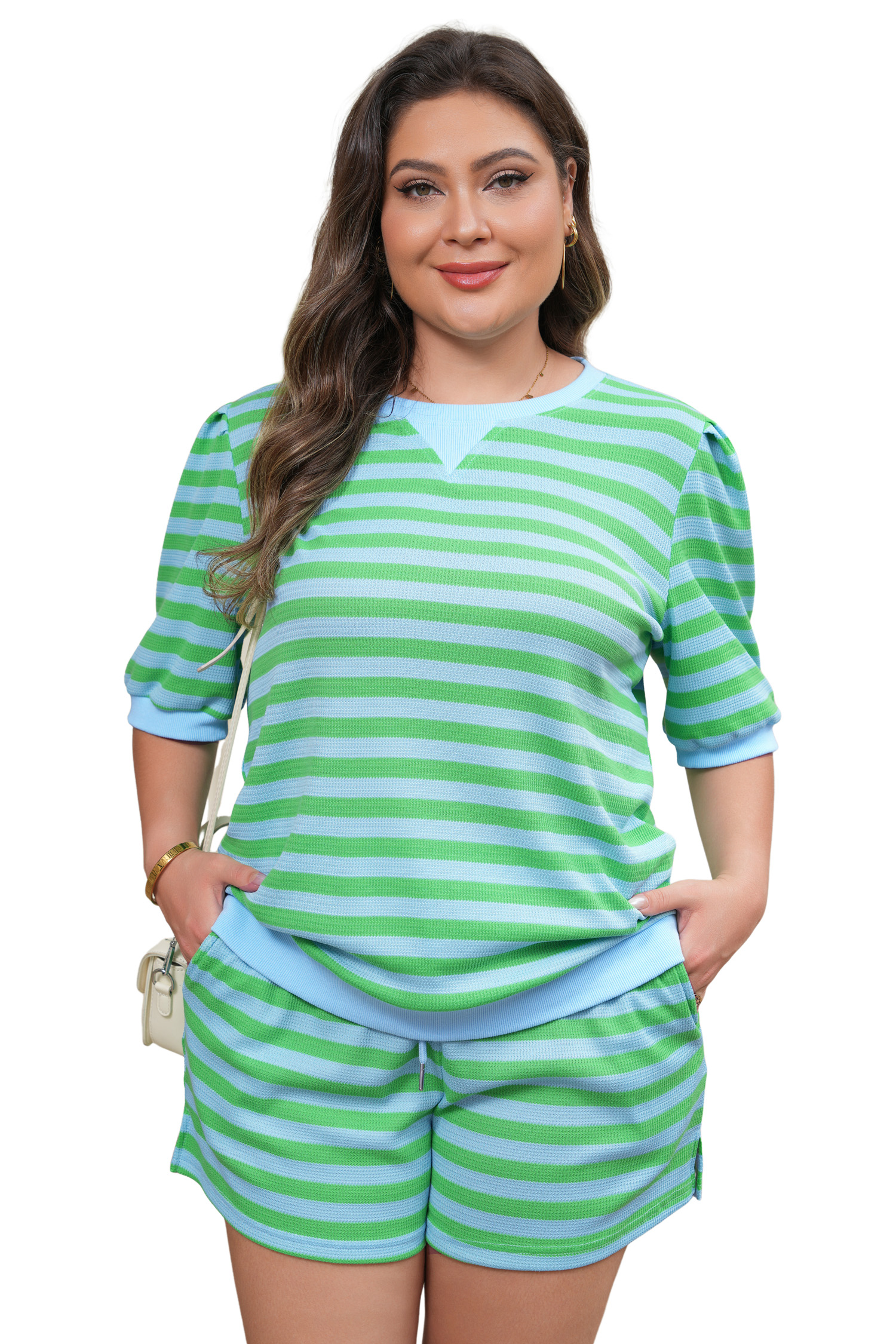 Plus Size Green Stripe  Colorblock Detail Puff Sleeve Top Drawstring Shorts 2pcs Outfit