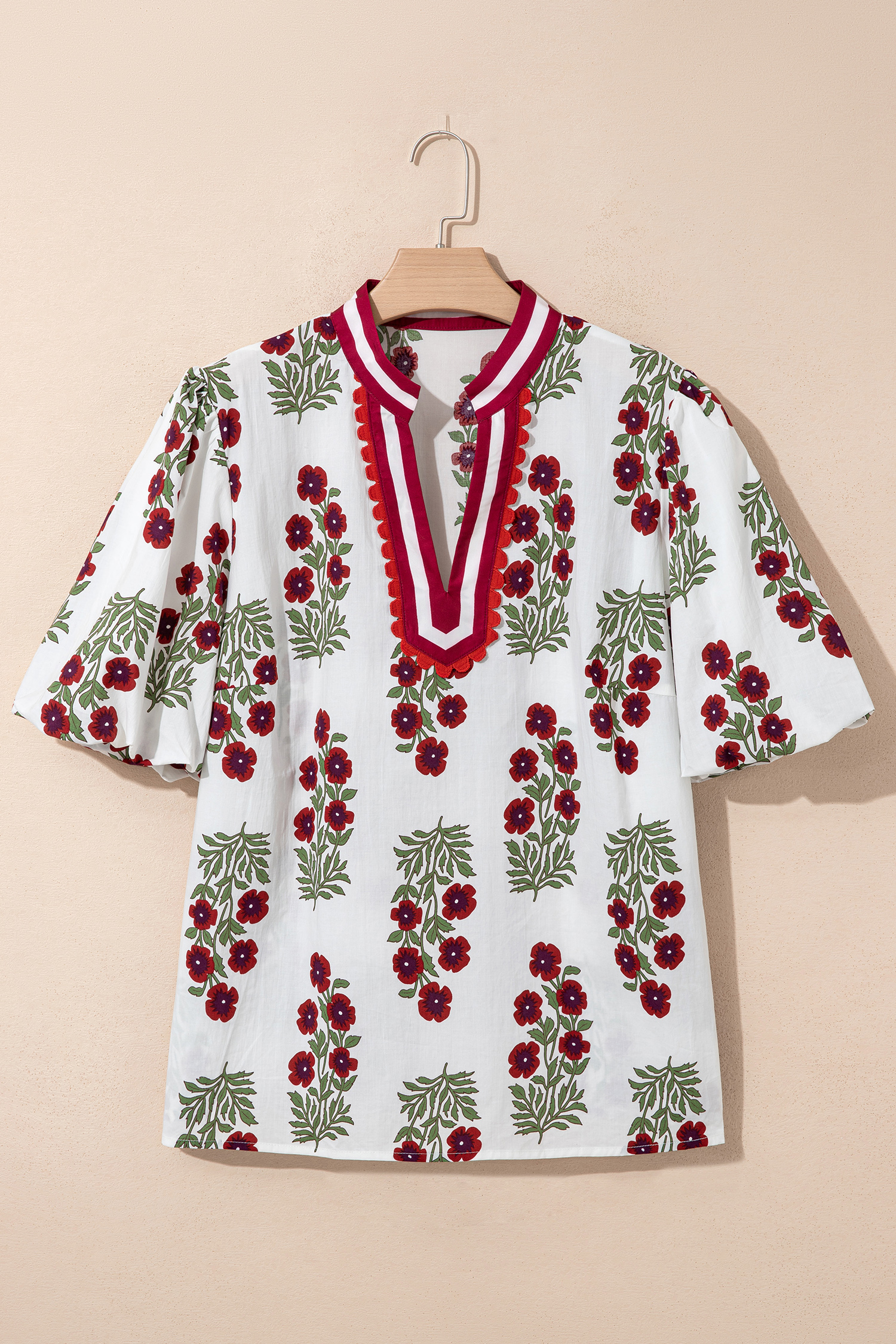 Plus Size White  Floral Print Ricrac Striped Trim Short Sleeve Cotton Blouse