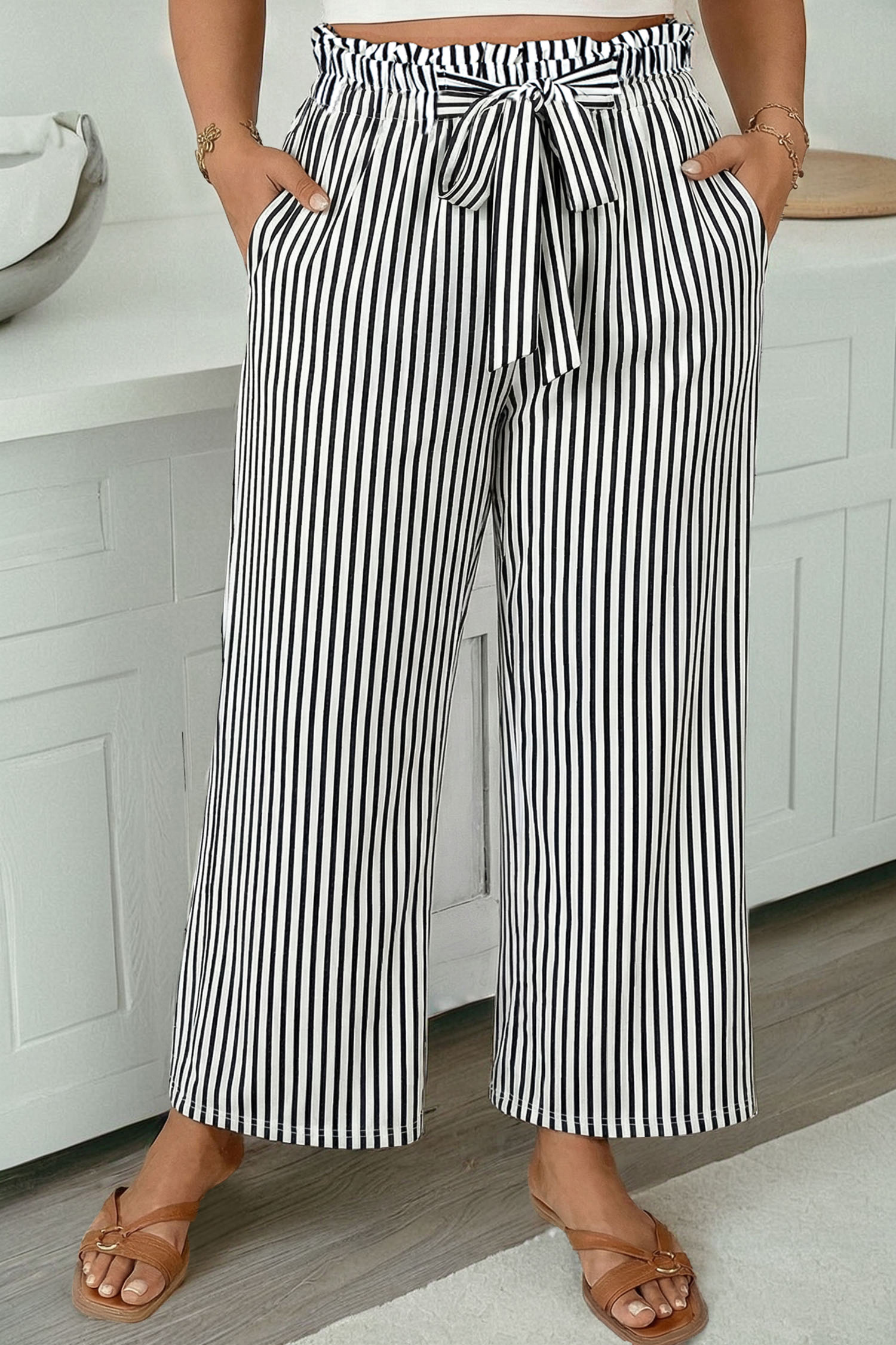 Plus Size Black Stripe  Loose Straight Casual Pants