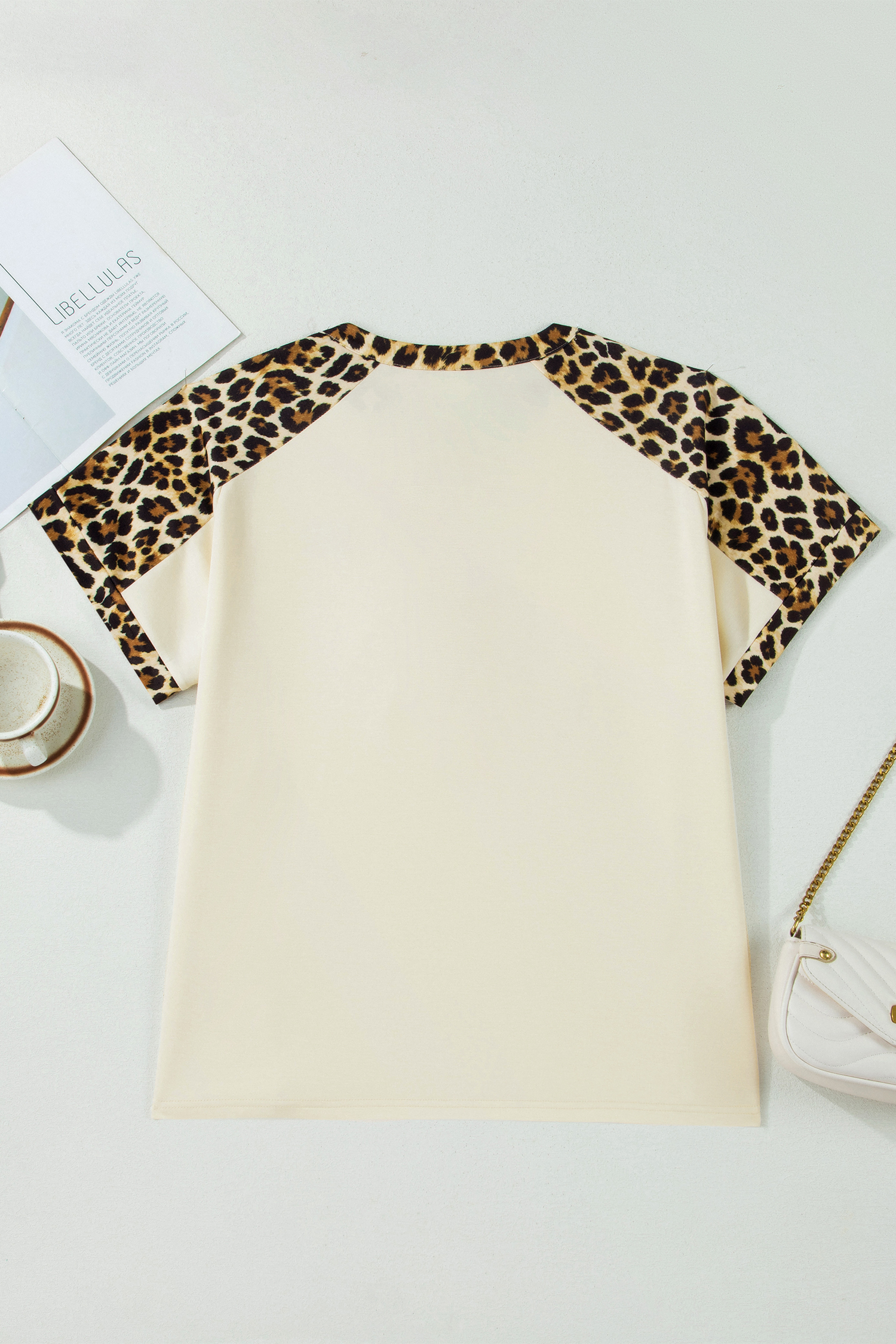 Plus Size Beige  Leopard Contrast Patchwork Polo Tee