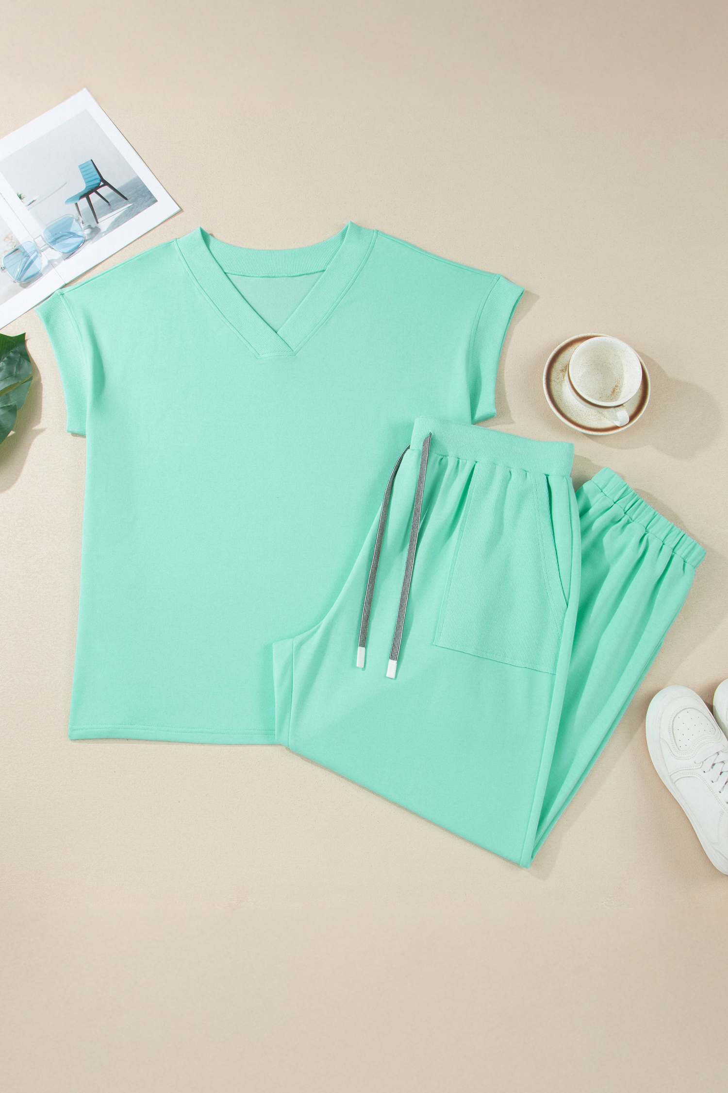 Plus Size Mint Green Solid V-Neck Tee and Drawstring  Pants Set