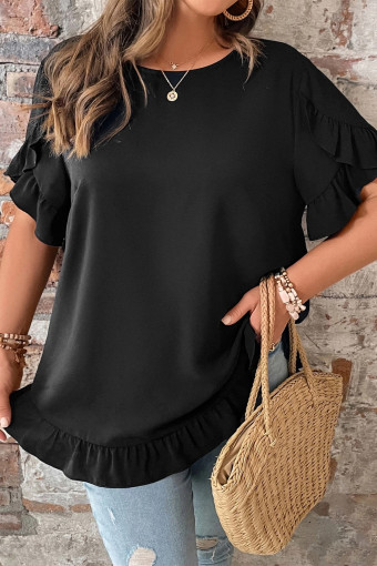 Plus Size Black Solid Color Ruffle Trim Petal Sleeve  Tee