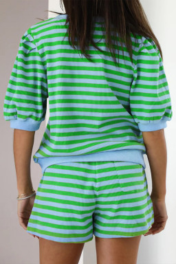 Plus Size Green Stripe  Colorblock Detail Puff Sleeve Top Drawstring Shorts 2pcs Outfit