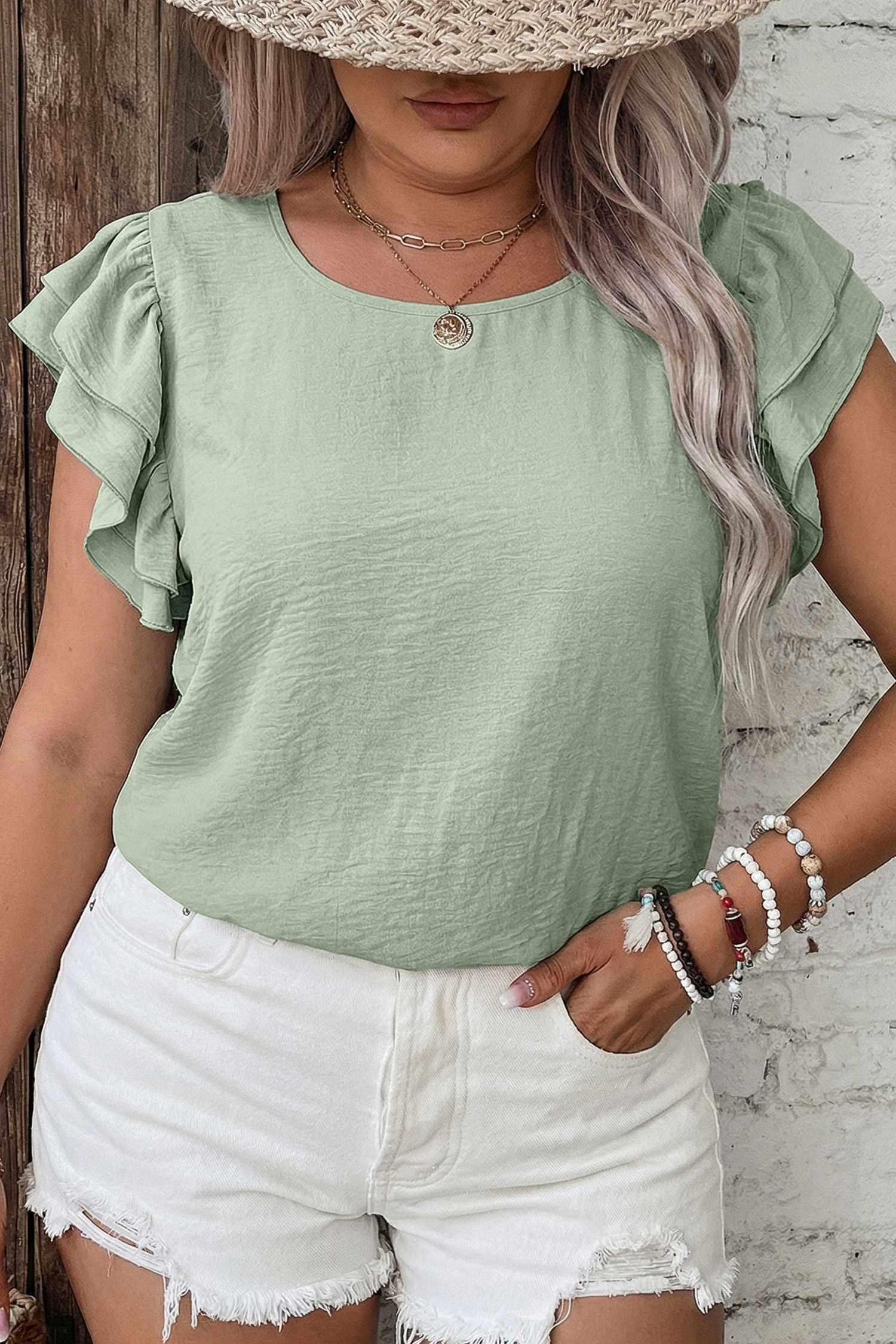 Plus Size Clearly Aqua  Crew Neck Ruffle Sleeve Top
