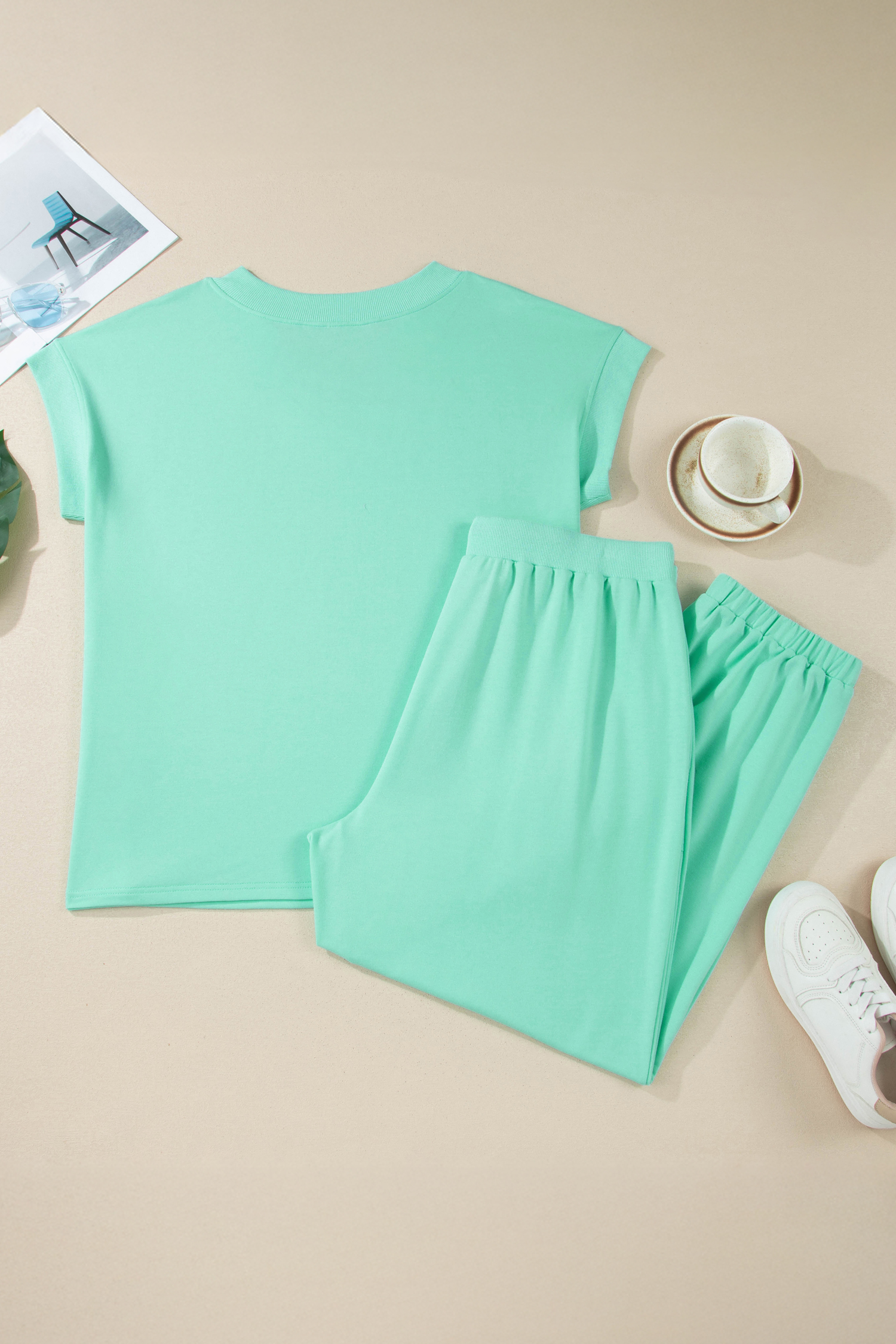 Plus Size Mint Green Solid V-Neck Tee and Drawstring  Pants Set